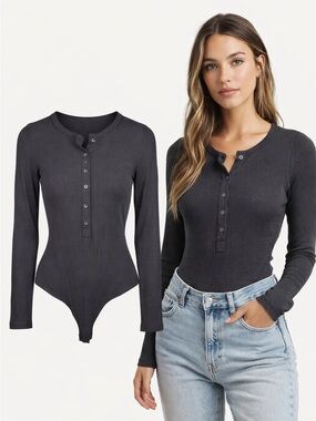 Betro Simone | Black Ribbed Long Sleeve Henley Bodysuit | S